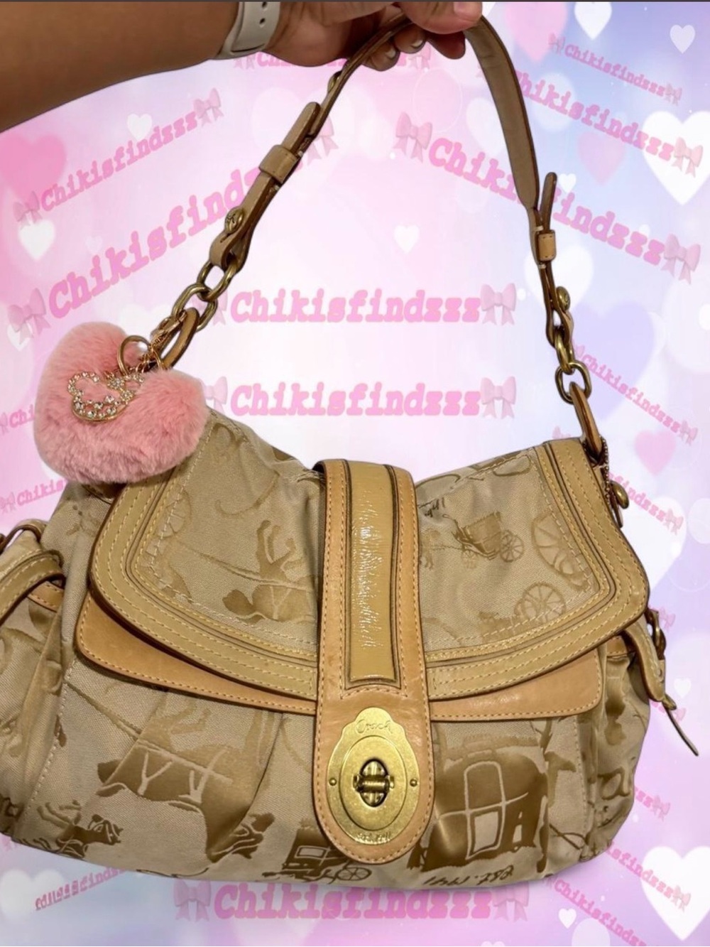 Coach Rare Legacy in Cream Patent Leather Horse and Carriage Print Shoulder Bag